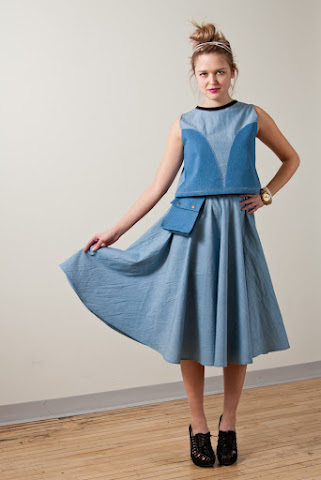 Tony Chestnut Spring Summer 2012 collection, midi chambray denim circle skirt, denim chambray sleeveless crop top  
